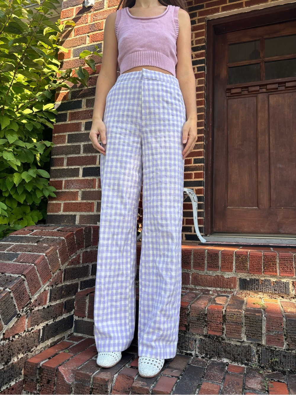 Zara Pastel Lavender Gingham Wide-Leg Pants